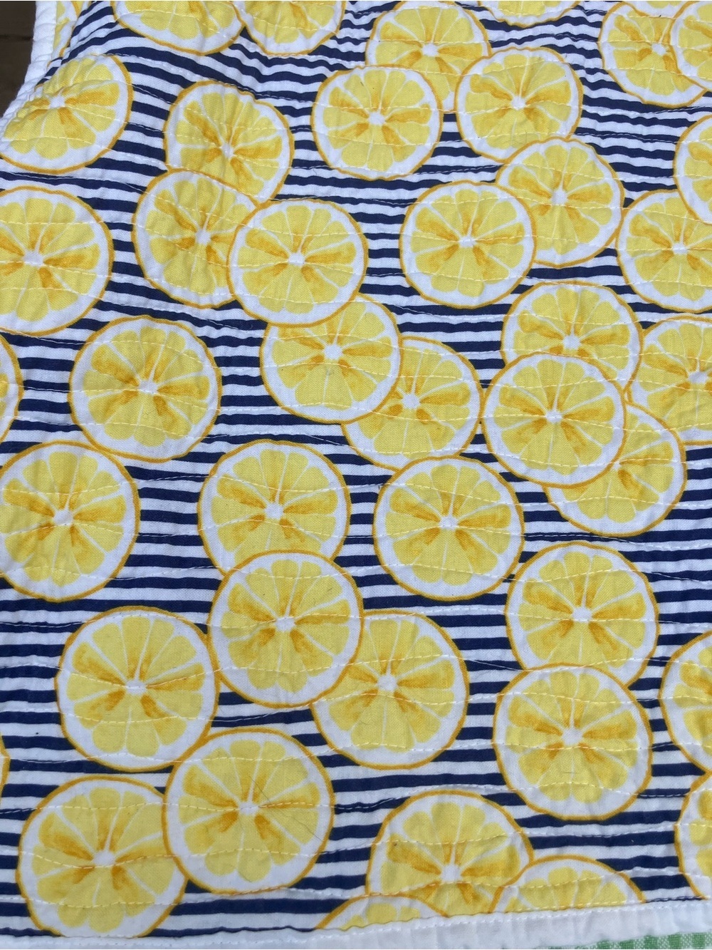 Lemon and stripes back or picnic blanket handmade quilt 38 x 30 sturdy thick